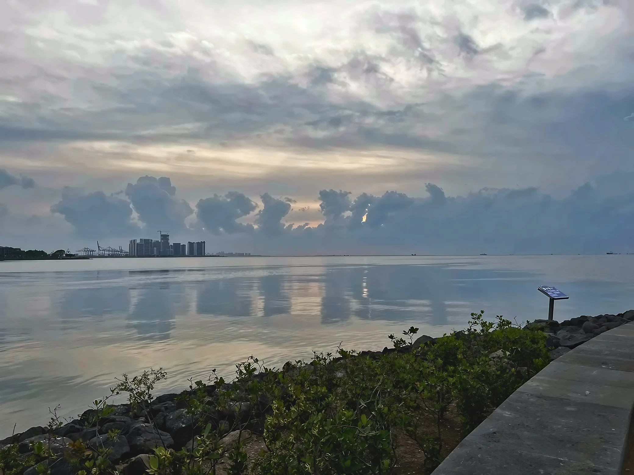 Layered clouds reflect across calm water beside Century Park, with distant buildings, port cranes, ships, and a rocky planted shoreline.