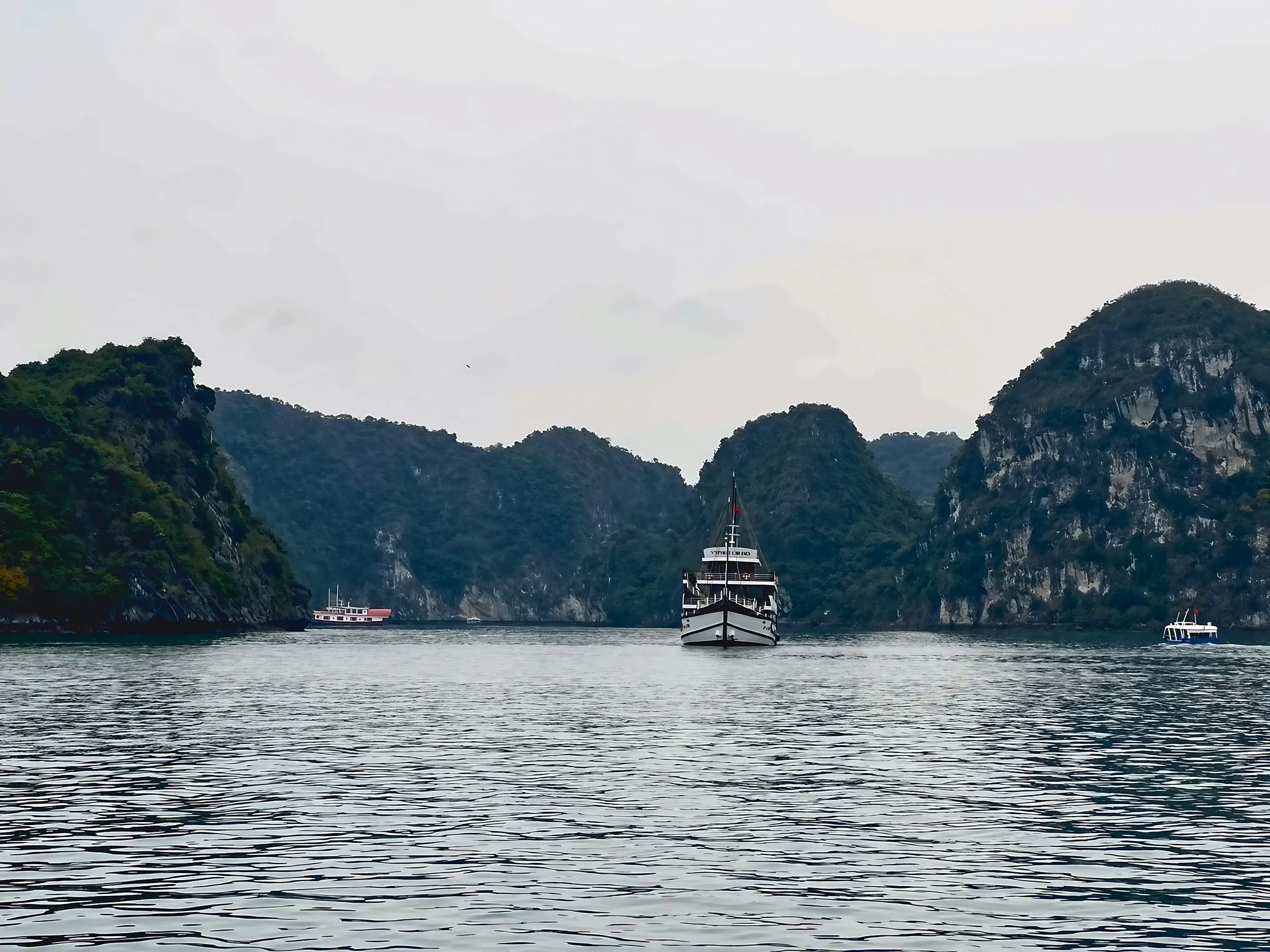 A black-and-white cruise boat faces the camera against forested limestone islands and rippling water in Lan Ha Bay.