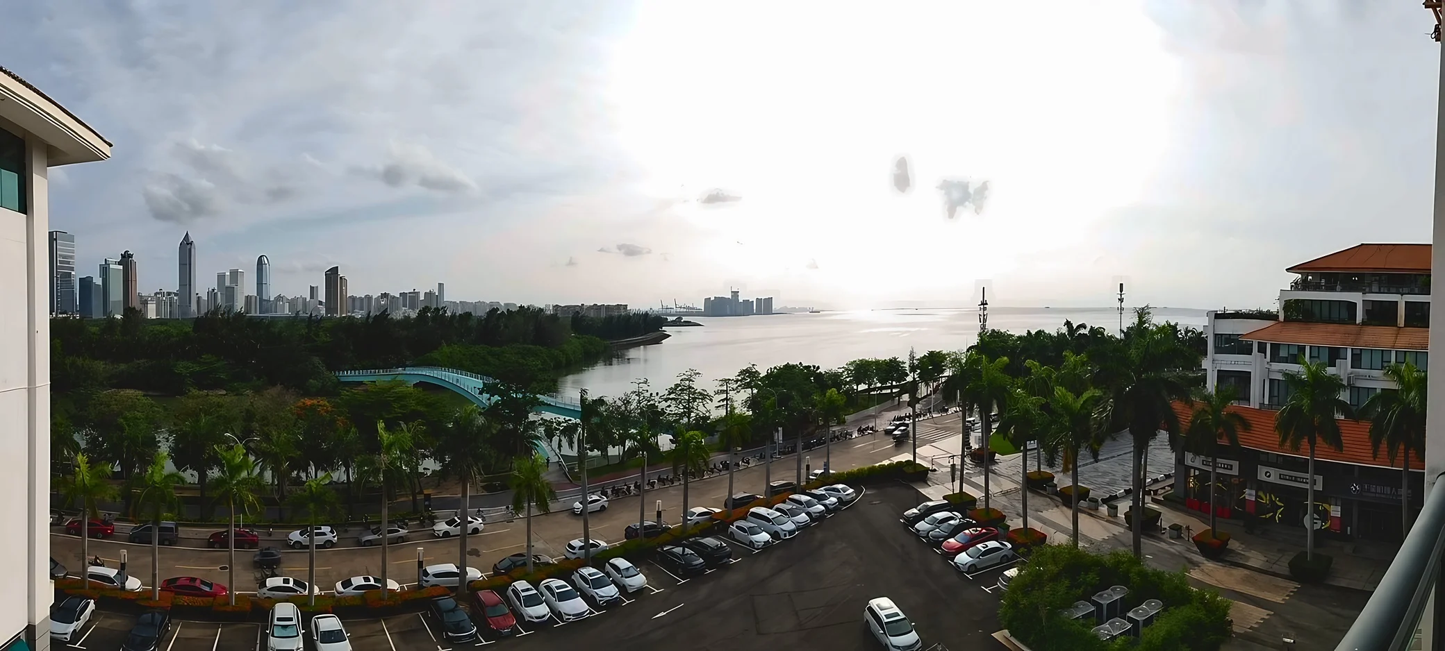 An elevated panorama shows the bay, skyline, green space, a pale blue footbridge, palm-lined roads, a parking lot, and red-roofed buildings.