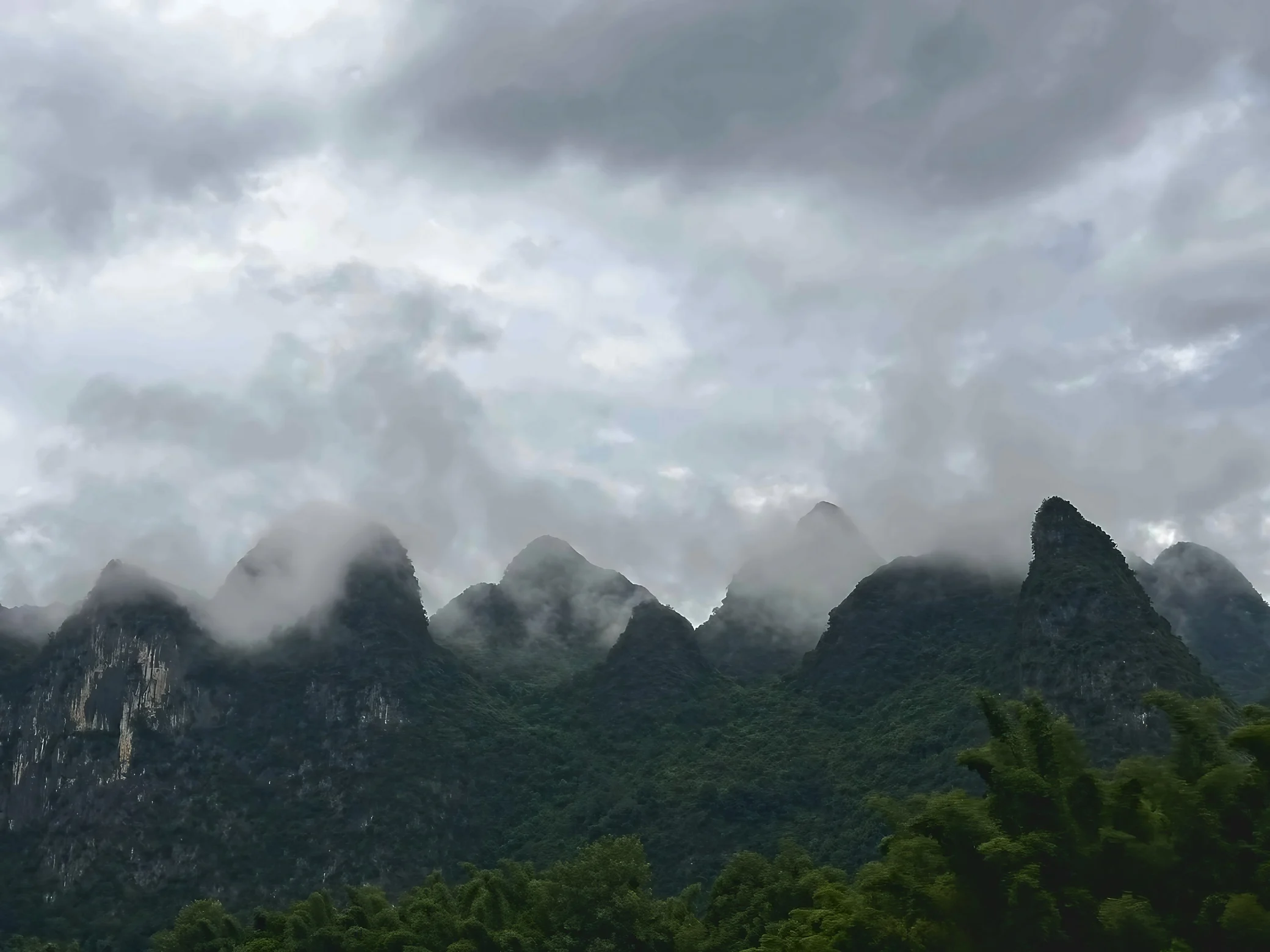 Layered karst peaks emerge through low clouds above dense foreground bamboo.