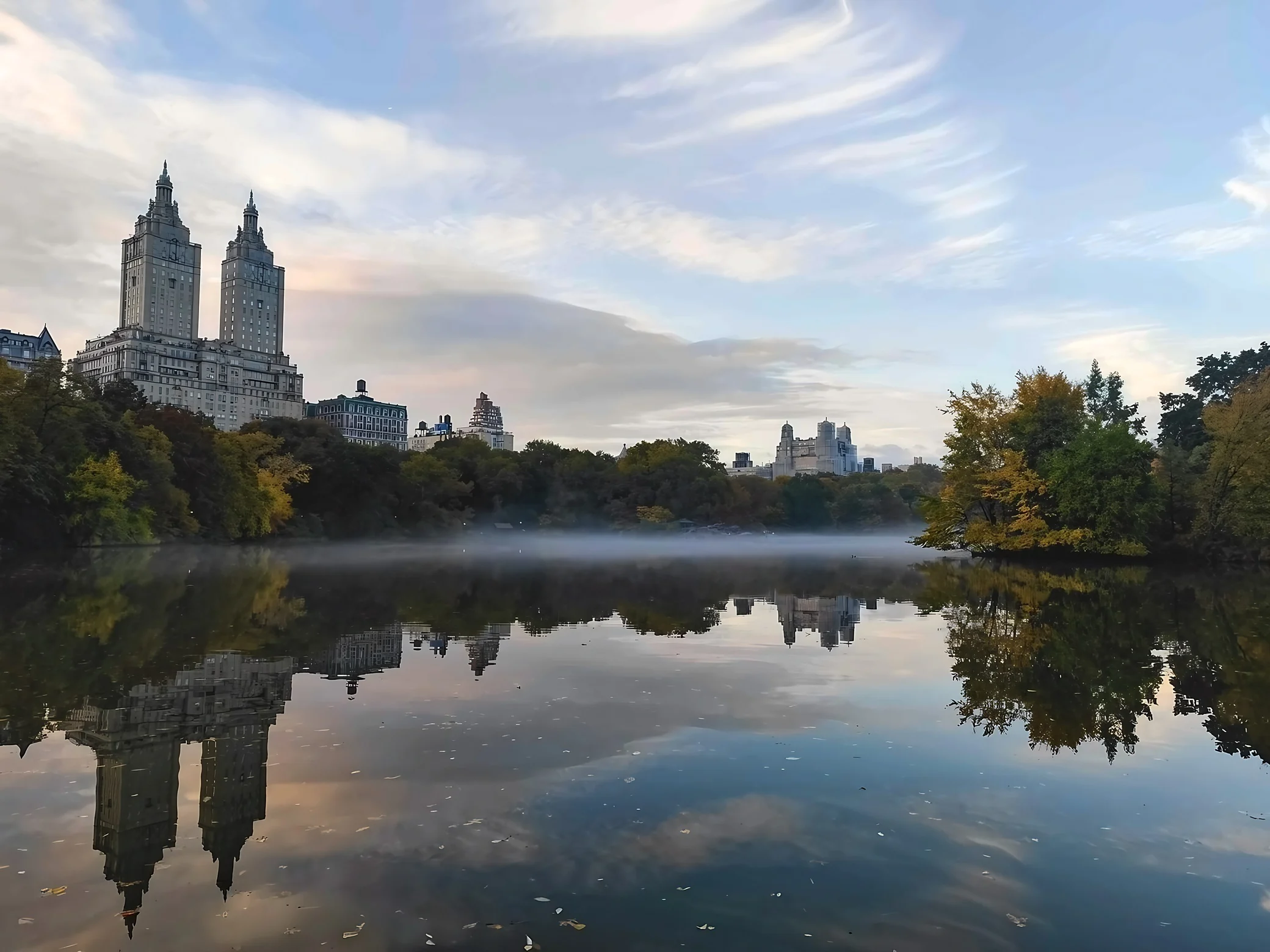 The San Remo towers and a tree-covered shoreline reflect across a calm lake crossed by a low ribbon of mist.
