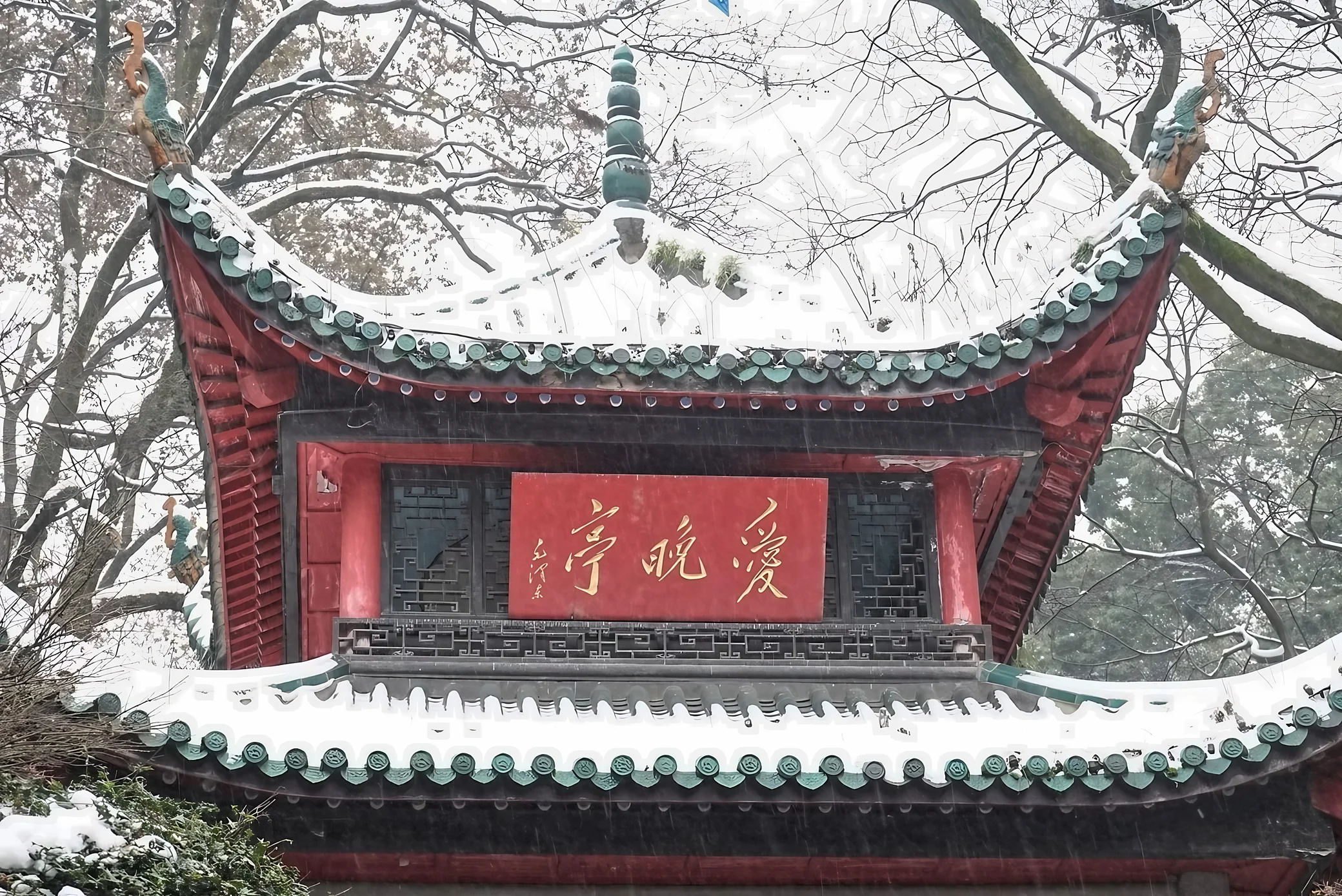 Snow blankets the double eaves of Aiwan Pavilion, framing its central red and gold plaque amid snow-lined branches.