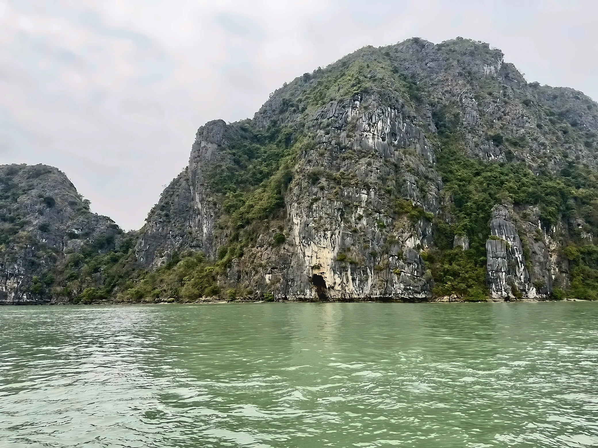 A shrub-covered limestone cliff with vertical fissures and a dark opening near the waterline overlooks the green waters of Ha Long Bay.