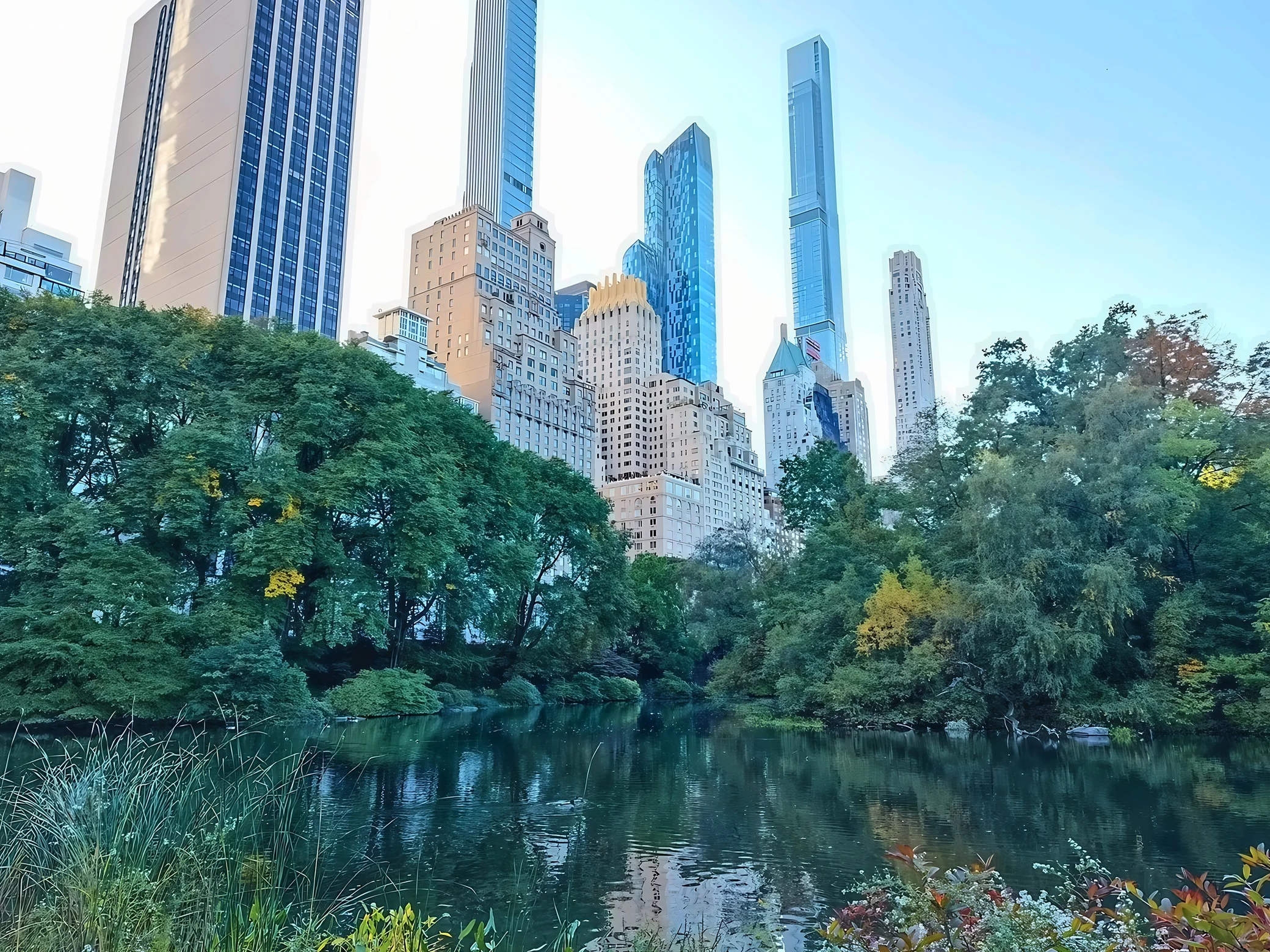 Manhattan towers rise behind the trees surrounding a reflective pond in Central Park.