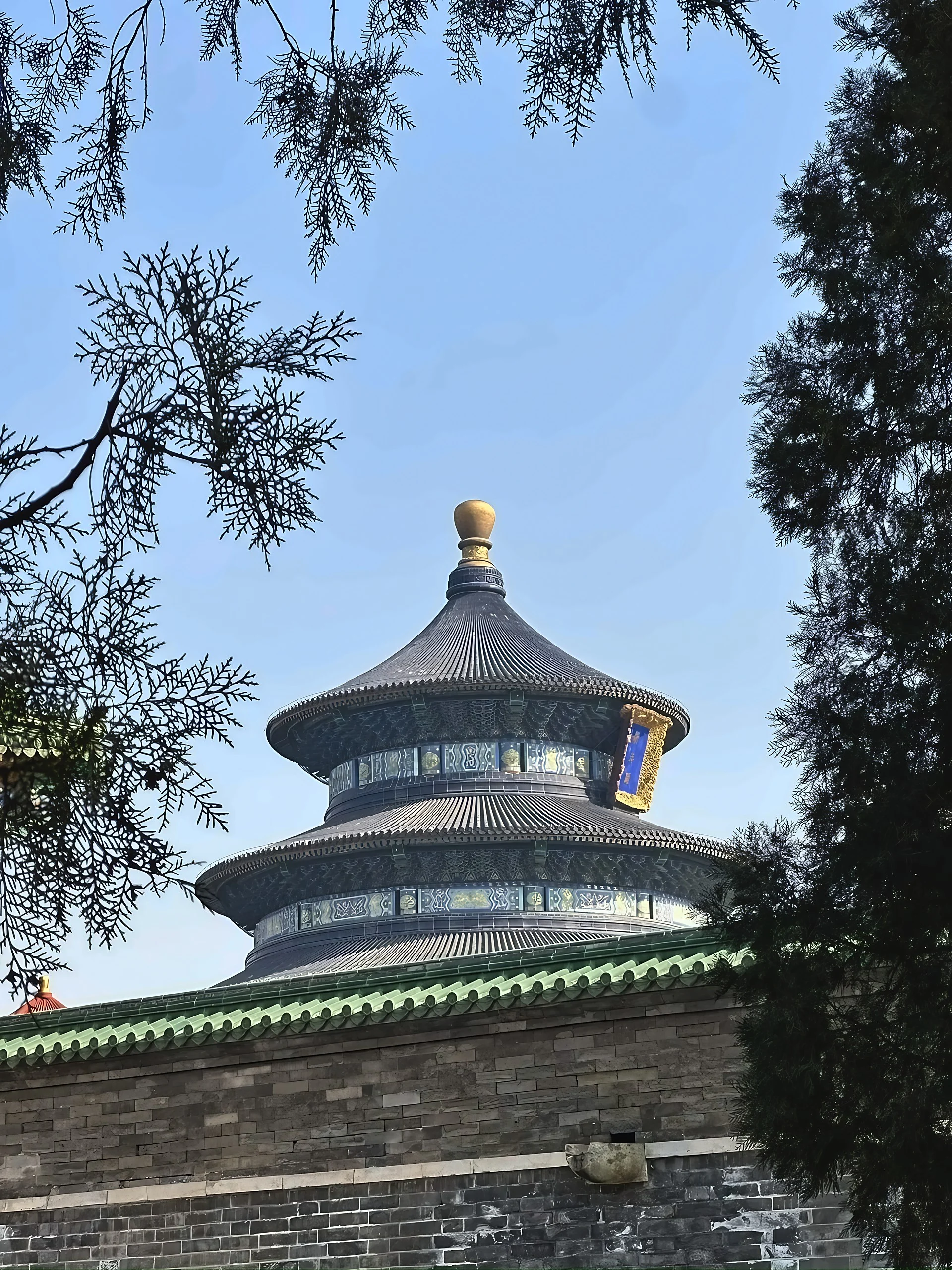 The circular roofs and golden finial of the Hall of Prayer for Good Harvests rise above a brick wall, framed by cypress branches.
